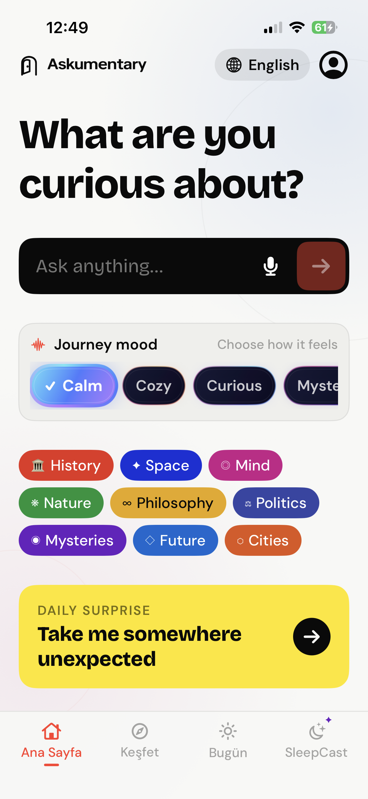 Askumentary question and journey mood screen